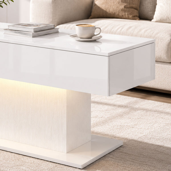 Table basse LED avec rangement, laquée brillante avec 2 tiroirs et télécommande pour salon, blanche