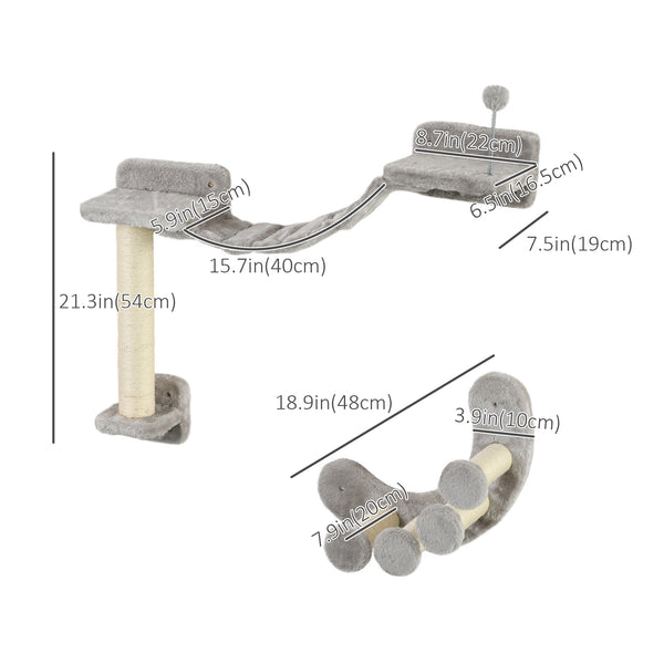 Étagère murale pour chat avec griffoir, échelle souple et balle de jeu, grise