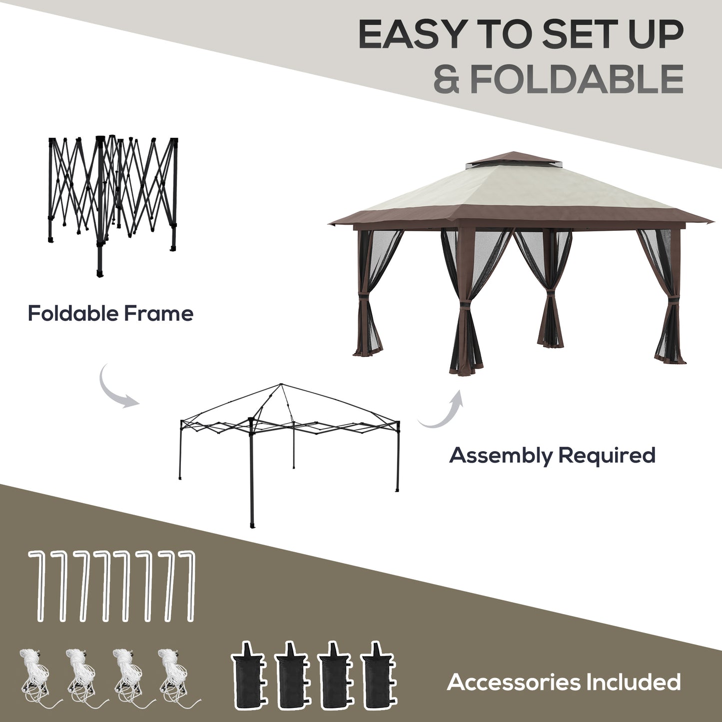 Gazebo escamotable 13' x 13', toit à deux niveaux, facile à monter, avec filets, sac, beige