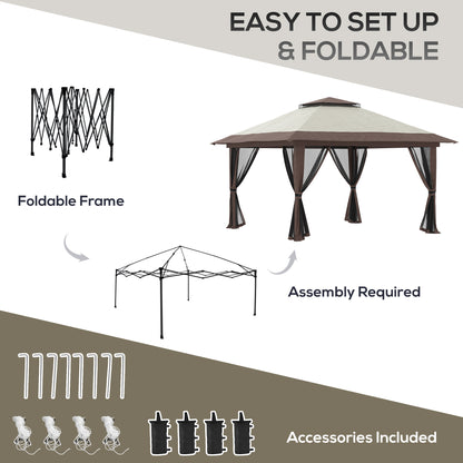 Gazebo escamotable 13' x 13', toit à deux niveaux, facile à monter, avec filets, sac, beige