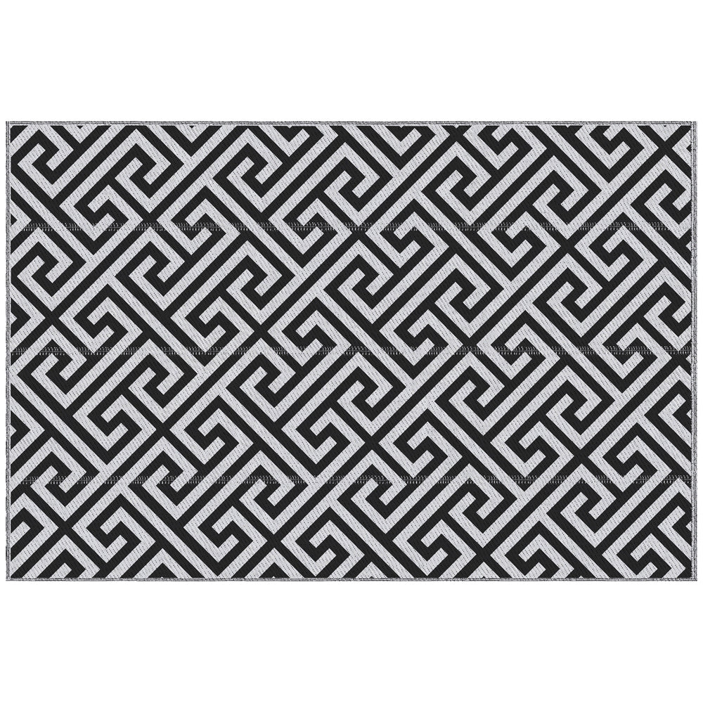 Tapis d'extérieur réversible pour patio, tapis en paille plastique 1,5 x 2,4 m pour jardin, terrasse, plage, camping, noir et blanc