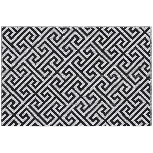 Tapis d'extérieur réversible pour patio, tapis en paille plastique 1,5 x 2,4 m pour jardin, terrasse, plage, camping, noir et blanc