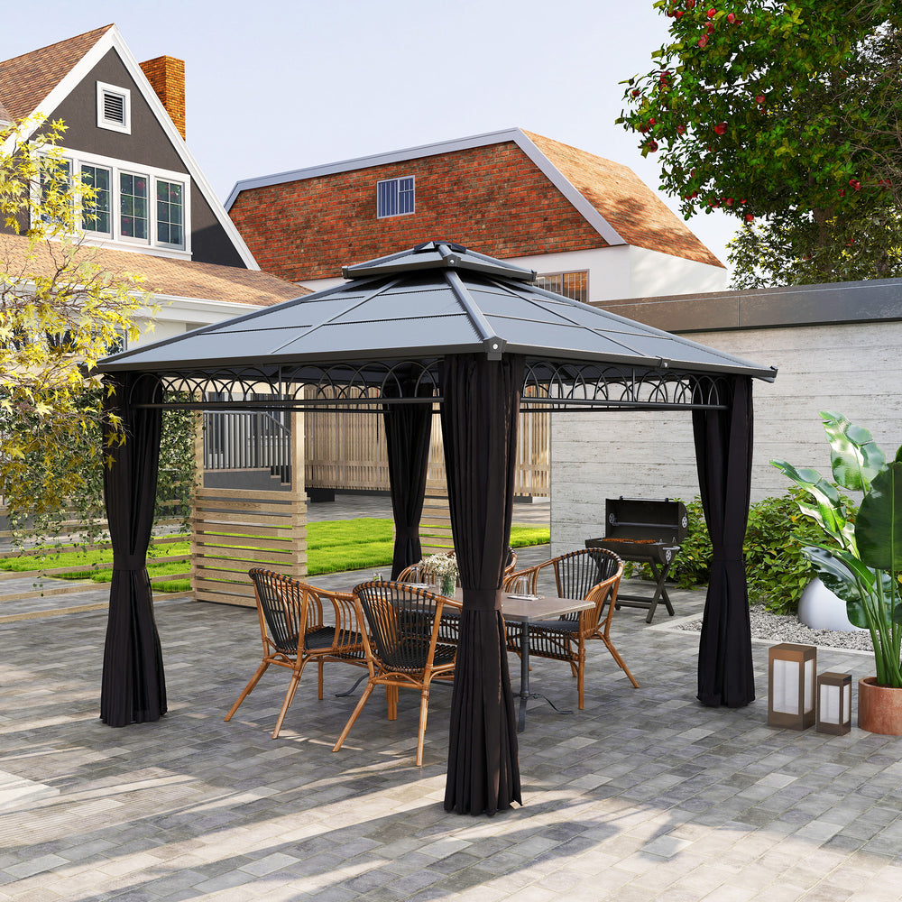 9' x 10' Outdoor Hardtop Gazebo Canopy w/ Double PC Roof, Steel Frame, Nettings, Curtains for Garden Lawn Deck, Black
