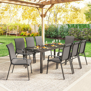 Ensemble de patio 9 pièces avec chaises empilables, plateau en verre pour jardin, terrasse, cour, gris foncé