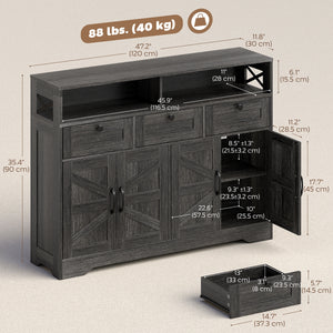 Buffet with 4 barn-style sliding doors with 3 drawers and adjustable shelves, dark brown