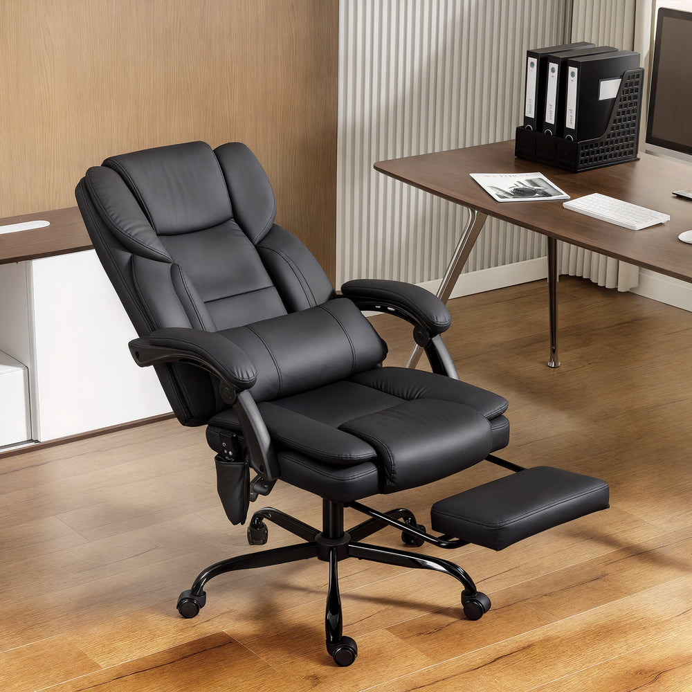 Fauteuil de bureau avec massage en similicuir avec soutien lombaire et repose-pieds, noir