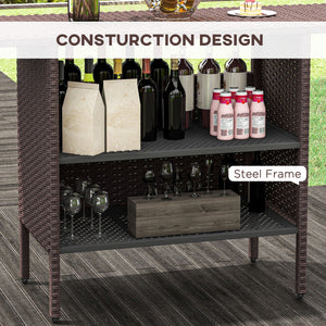 Table de bar d'extérieur en rotin avec 2 étagères de rangement, marron