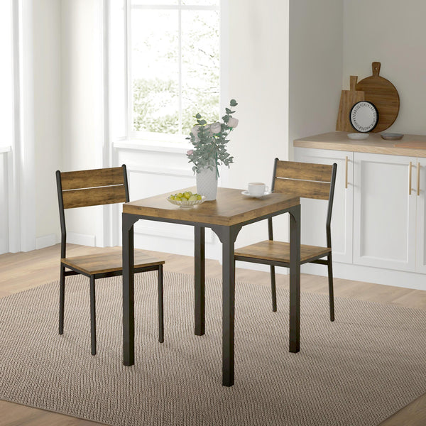 Ensemble table et chaises 2 personnes, 3 pièces avec pieds en métal, couleur marron rustique.