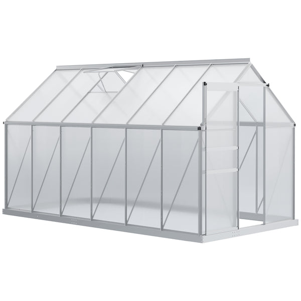 Polycarbonate greenhouse with adjustable roof ventilation and sliding door, transparent