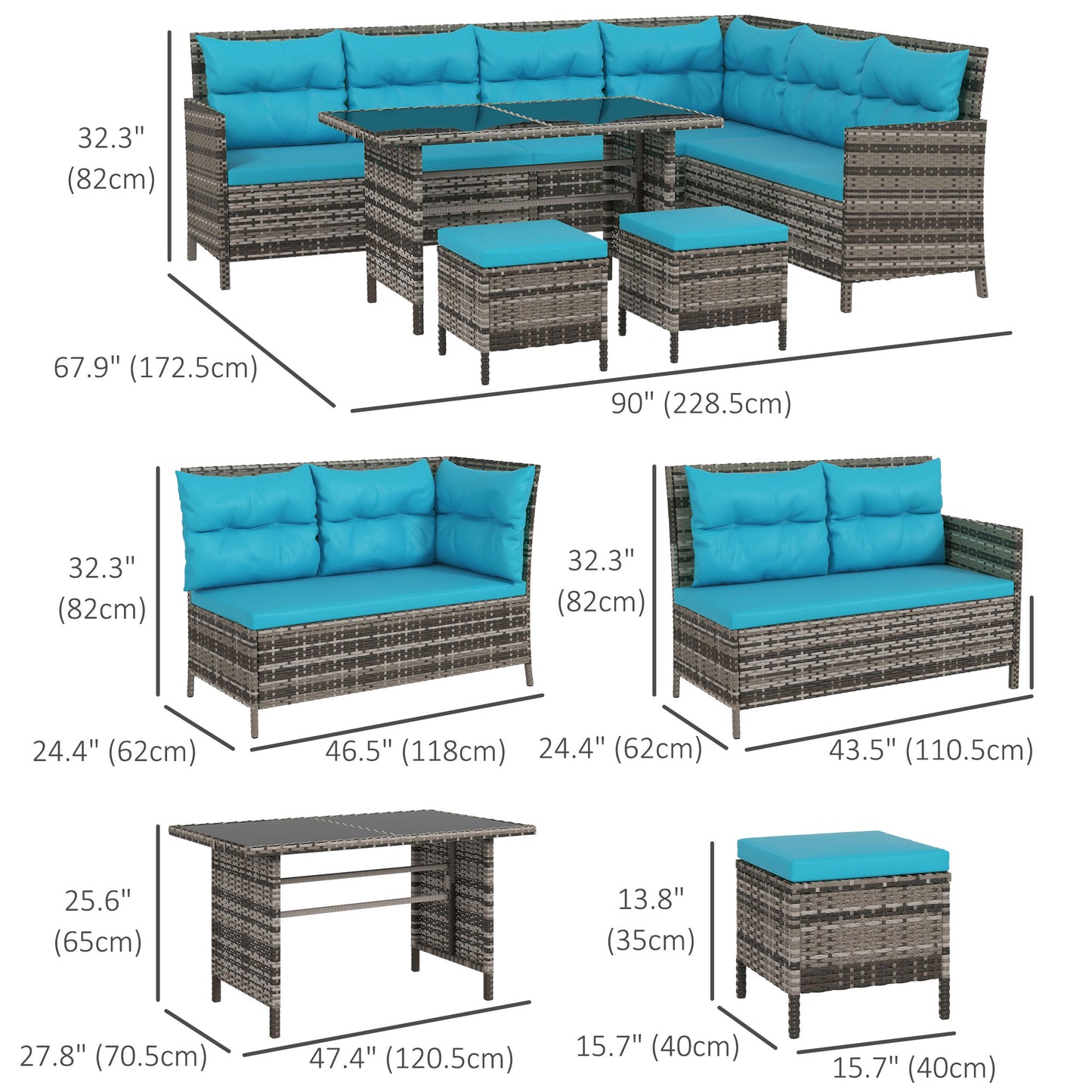 Outsunny 6 Piece Outdoor Rattan Sofa Set with Dining Table and Chairs Sky Blue