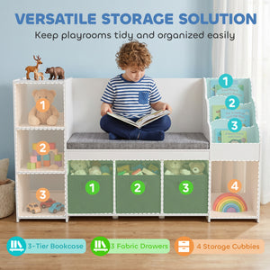 Étagère de rangement avec coin lecture avec coussin d'assise, 3 tiroirs en tissu, blanc