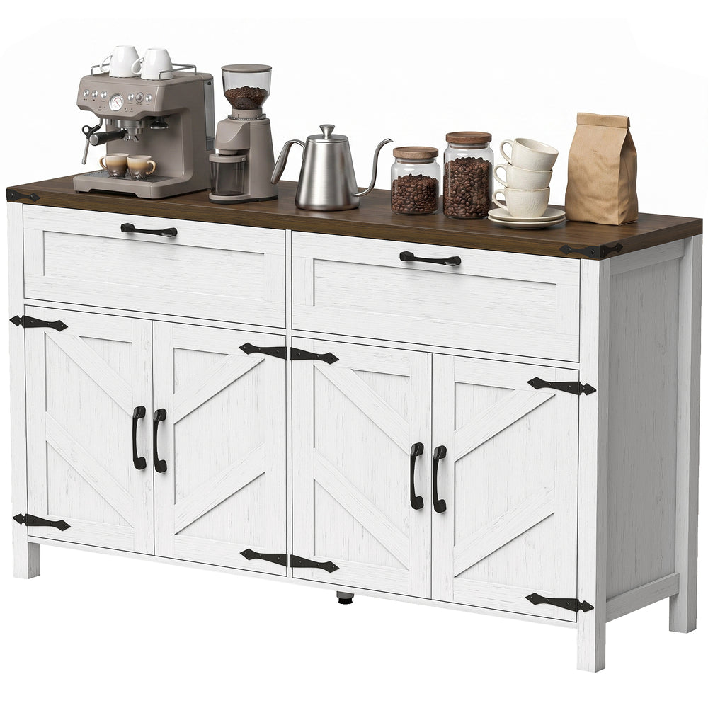 Buffet de rangement 55 po avec 2 tiroirs, 2 armoires et tablettes ajustables, blanc