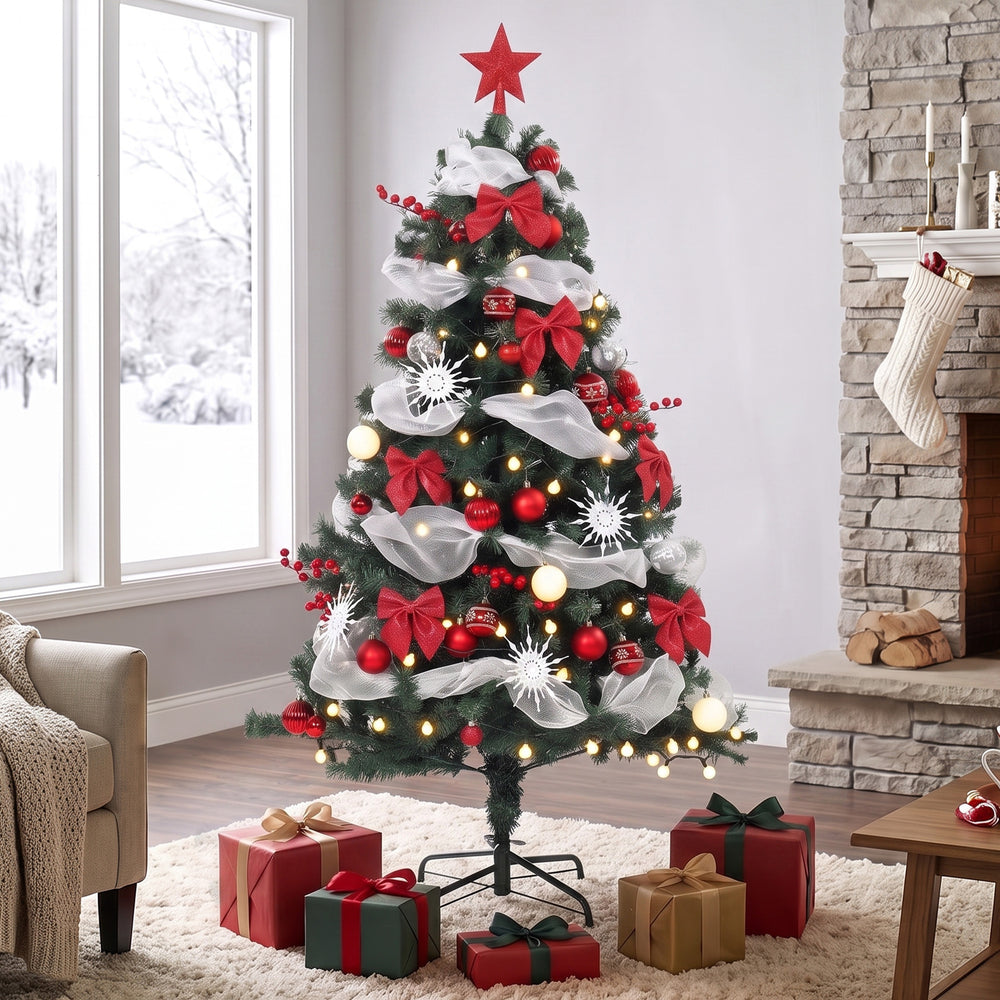 Sapin de Noël préilluminé de 5 pi avec 150 lumières DEL et décorations rouges et blanches