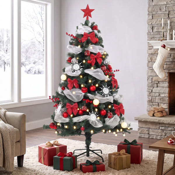 5ft Prelit Christmas Tree Spruce, Remote, Hinged, Artificial Xmas Tree with 8 Modes, 450 Tips, 150 LEDs, Green Red