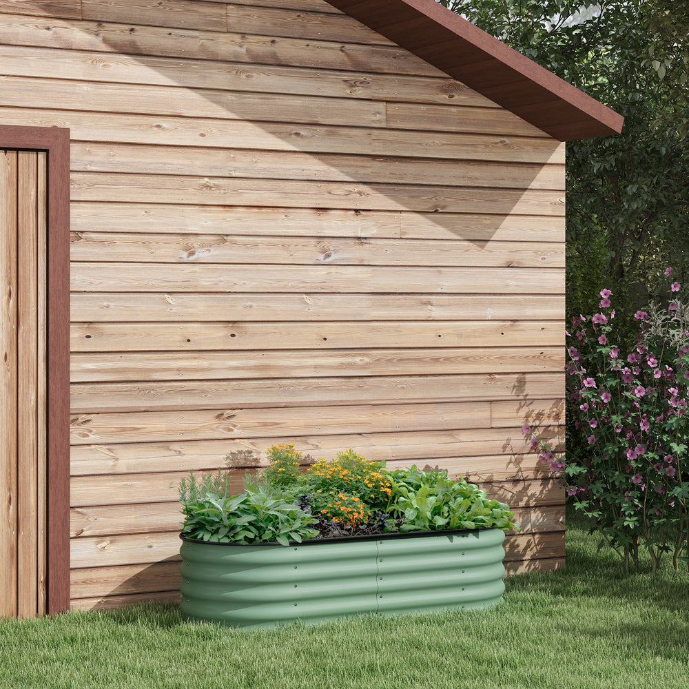 Raised galvanized steel planter with safety rim, green