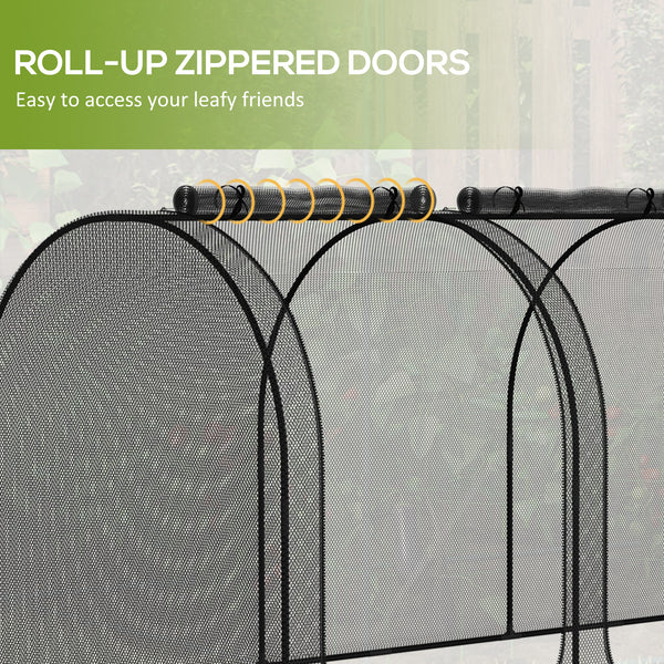 Protective plant cage with 3 zippered doors and 4 ground stakes