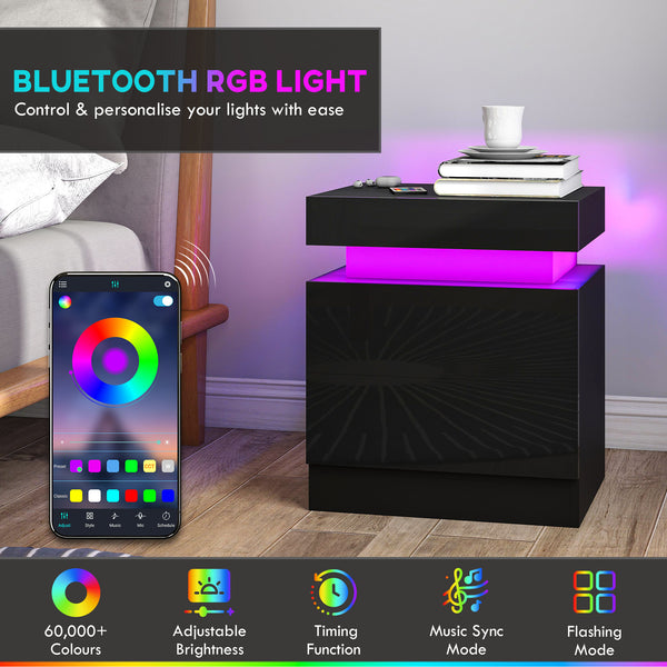 Set of 2 bedside tables with LED lighting and 2 drawers, black.