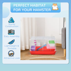 PawHut Hamster Cage: 18.5'' with Accessories, Rat House, 2-Story Design, Red, Small Pet Home |