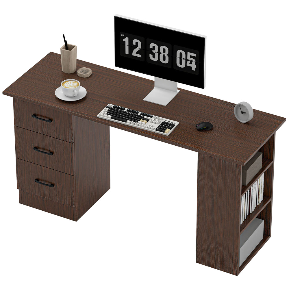 Computer desk with 3 shelves and 3 reversible drawers, walnut