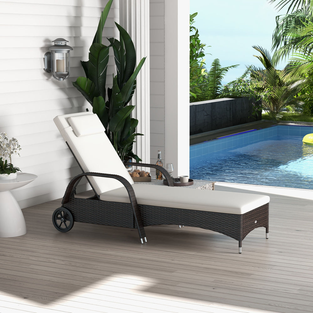 Chaise longue en résine tressée avec appui-tête, blanc crème