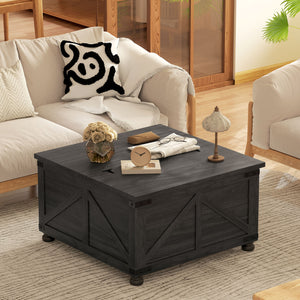 Table basse avec plateau relevable de style campagnard avec compartiment caché pour le salon, grain de bois noir