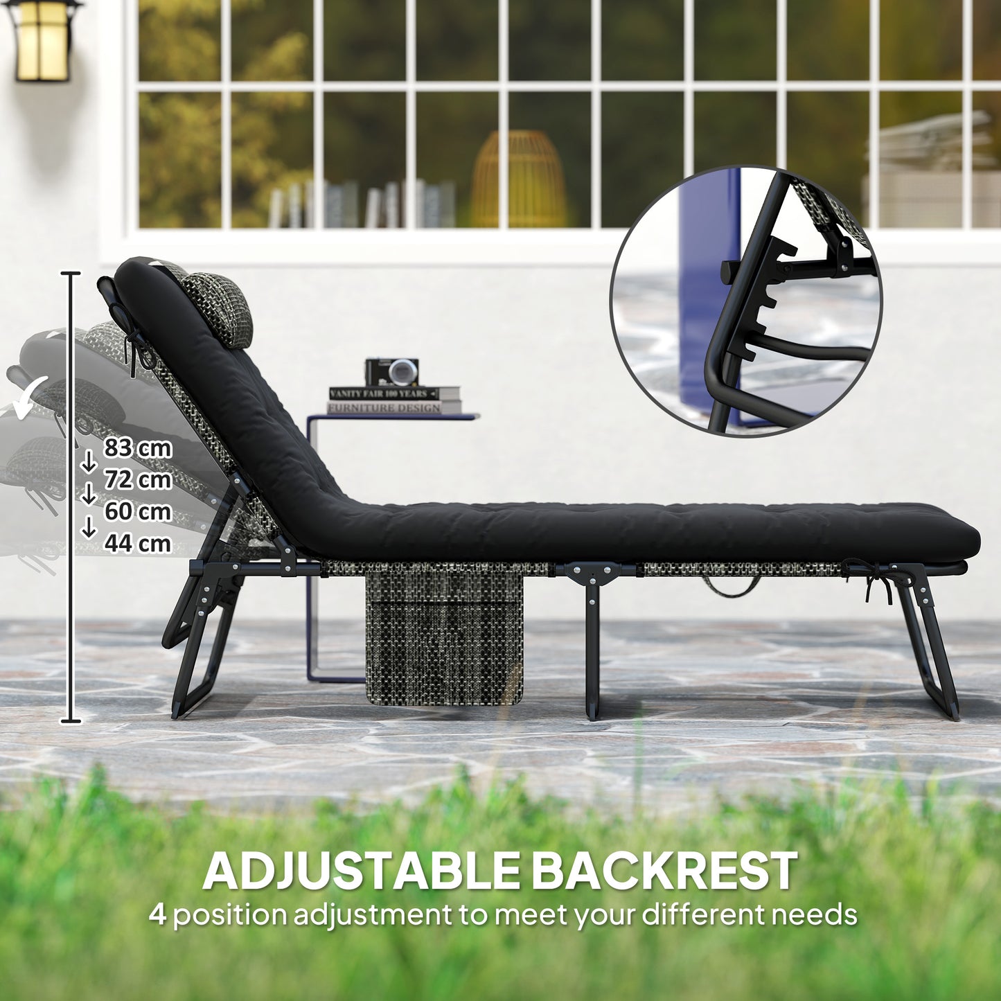 Lot de 2 chaises de bronzage avec coussin, poche latérale, appui-tête, noir