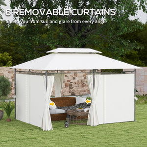 Tonnelle de jardin 10' x 13' à double toit, avec rideaux, blanc crème