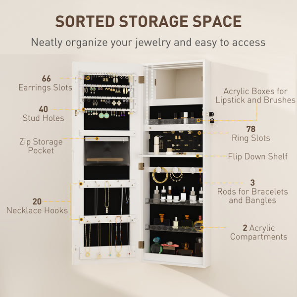 Armoire à bijoux avec éclairage LED et miroir, fixation murale, blanche