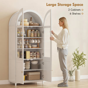 Arched Kitchen Pantry Cabinet, 71" Tall Farmhouse Kitchen Storage Cabinet with Acrylic Glass Doors, White