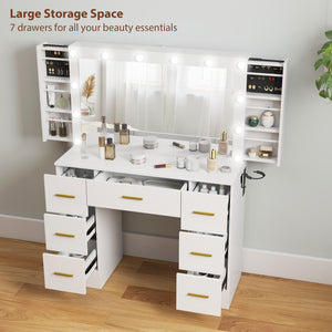 Coiffeuse avec éclairage, 7 tiroirs et 6 compartiments de rangement, blanche