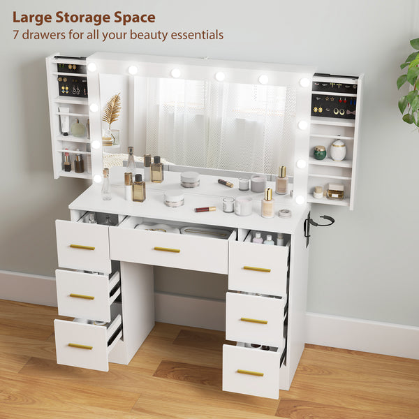 Coiffeuse avec éclairage, 7 tiroirs et 6 compartiments de rangement, blanche