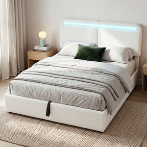Cadre de lit Queen Size avec station de recharge, éclairage LED, tête de lit réglable, blanc