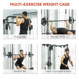 Machine à squat 3 en 1 avec système de câbles croisés, station de traction, rack à squats à 16 niveaux et barre d'haltères