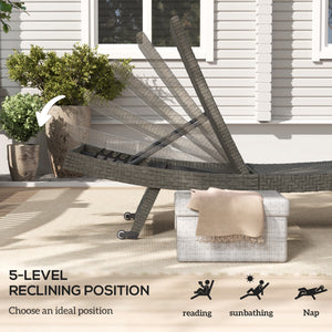 Chaise longue pliante d'extérieur en rotin avec dossier réglable sur 5 niveaux et roulettes, gris mélangé