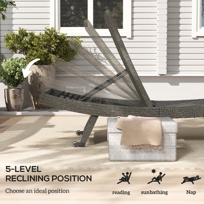 Chaise longue pliante d'extérieur Outsunny en rotin avec dossier réglable sur 5 niveaux et roulettes pour jardin et terrasse, gris mélangé