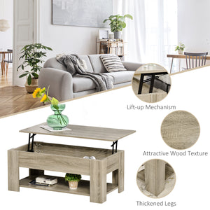 Table basse relevable avec compartiment de rangement dissimulé et étagère ouverte, gris