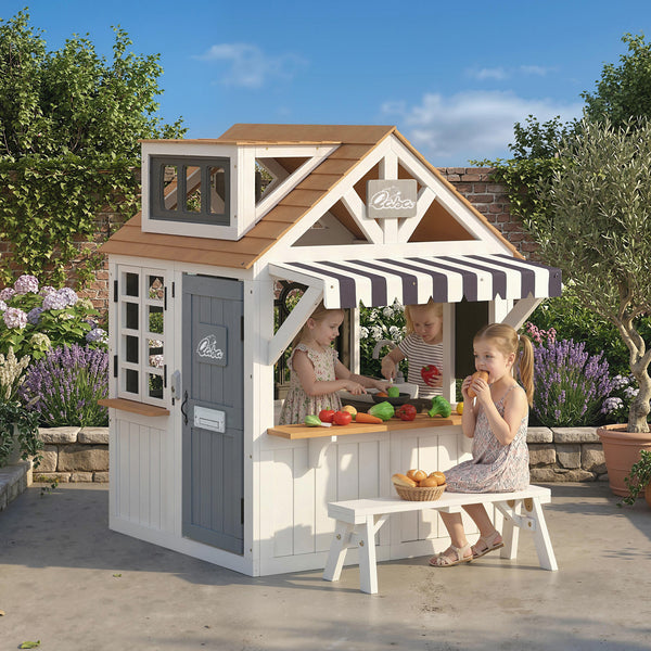 Maisonnette en bois pour enfants avec chatière, ustensiles de cuisine, tableau noir, banc et sonnette
