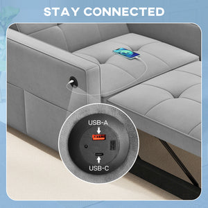 Fauteuil convertible en lit avec port USB, dossier réglable, en velours, gris