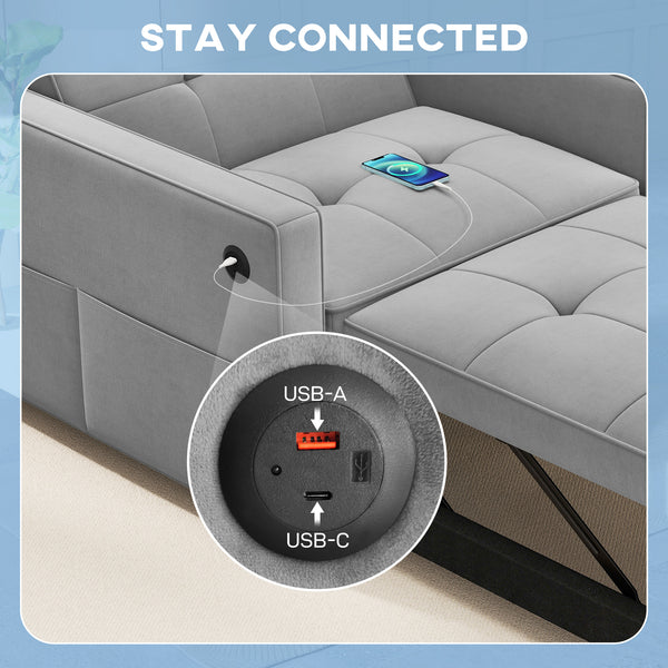 Fauteuil convertible en lit avec port USB, dossier réglable, en velours, gris