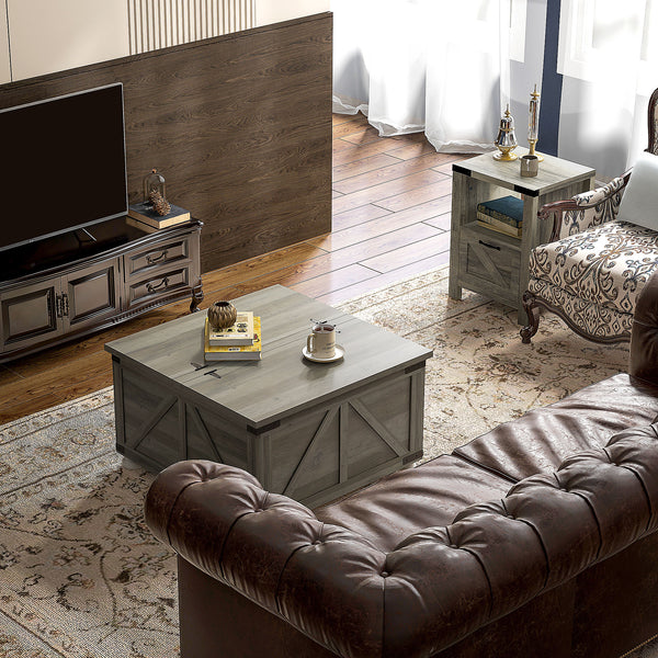 Table basse de style farmhouse avec couvercles rabattables, gris vieilli