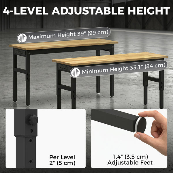 60" Adjustable Workbench, Heavy Duty Work Table with Rubber Wood Top, Power Outlets, Pegboard, 2000 LBS Capacity