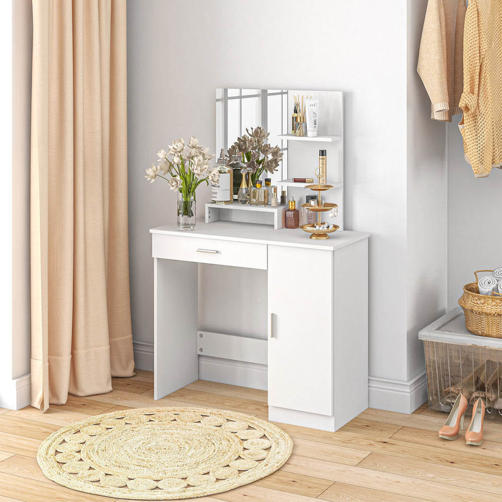 Coiffeuse avec miroir,  tiroir et compartiment ouvert, blanc
