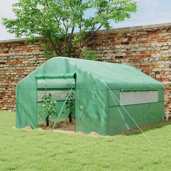 Tunnel greenhouse with galvanized steel frame, doors and windows, wind-resistant, green