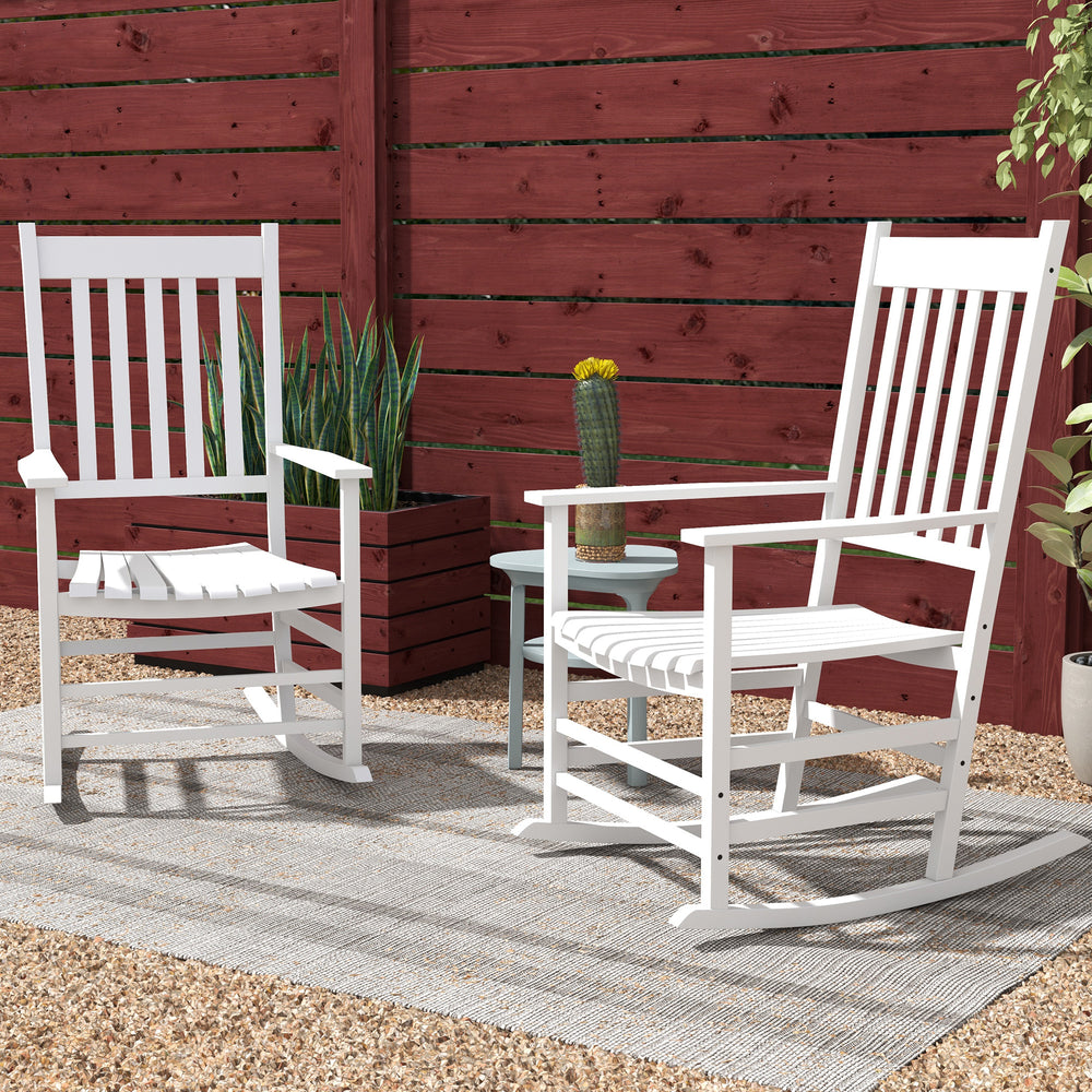 Wooden Patio Rocking Chairs Set of 2, Outdoor Rocker Chairs with Wide Armrests, High Back for Garden, Balcony, White