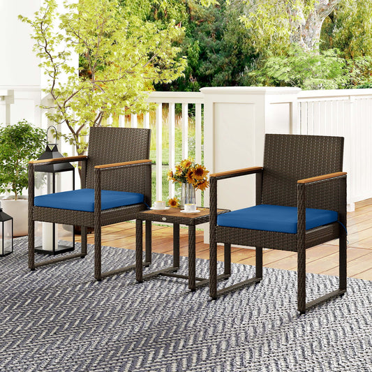 Outsunny 3 Piece Wicker Garden Furniture Set, Rattan Bistro Set with Acacia Wood Table and Removable Cushions, Dark Blue