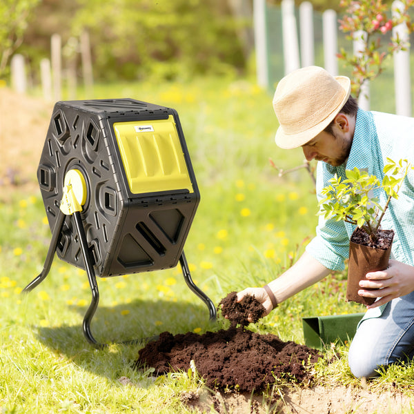 Rotating composter with 24 vents and steel legs, 64 litres, yellow