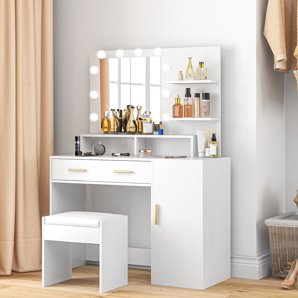Coiffeuse lumineuse à LED avec tabouret, tiroir et étagères, blanche