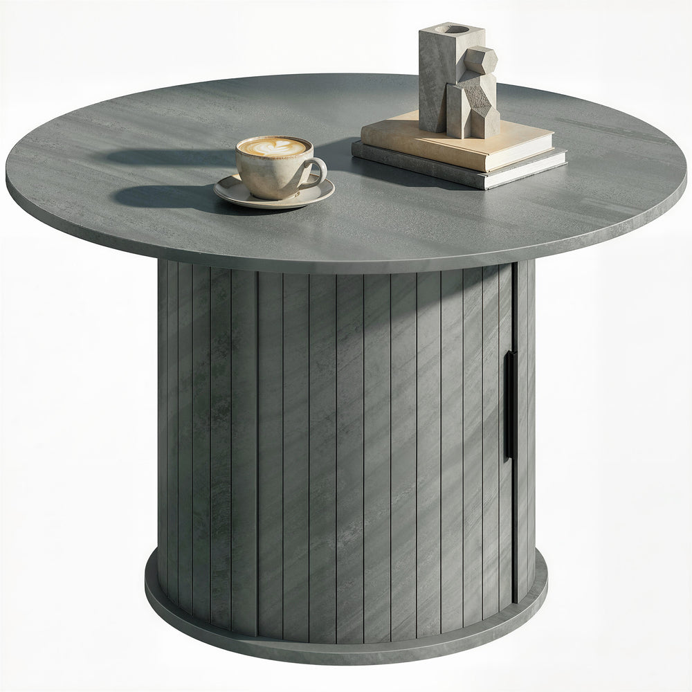 Table basse ronde avec base cannelée et rangement caché à porte coulissante – Gris ciment