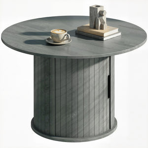 Table basse ronde avec base cannelée et rangement caché à porte coulissante – Gris ciment