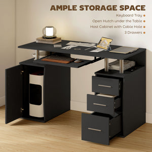 Computer desk with keyboard tray, drawers and storage shelves, black